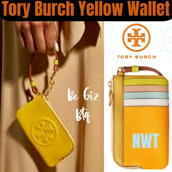 🆑 Tory Burch Authentic Leather Color Block Zip Card Case Yellow NWT